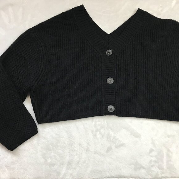 Zara Black V-Neck Cropped Cardigan Sweater Women's Large Ribbed Wool Blend NEW - Picture 10 of 10